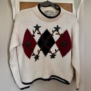 Vintage Cream Argyle Sweater with Floral Accents